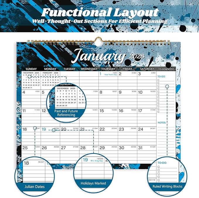2026 Calendar, Wall Calendar 2026-2027, 18 Month Calendar January 2026 - June 2027, 14.8" X 11.5", Calendar with Twin-Wire Binding, Hanging Hook and Julian Dates (Colorful Ink)