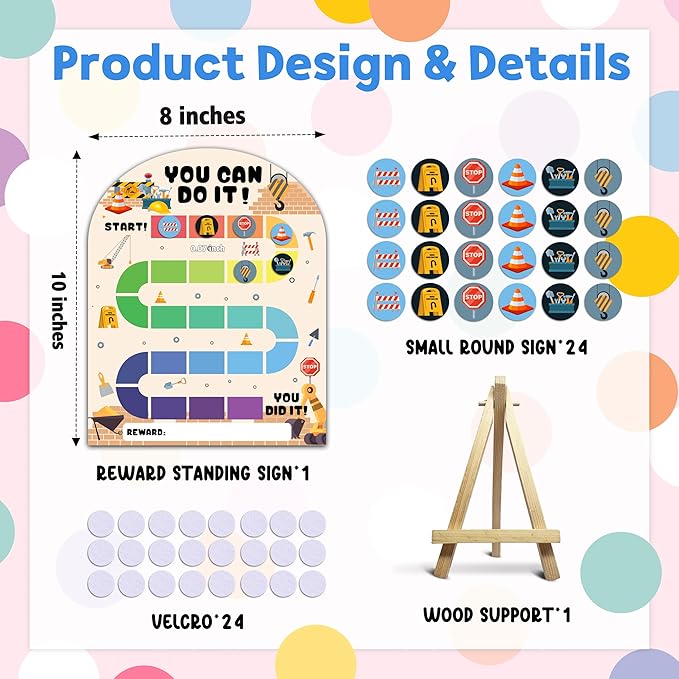 Construction Reward Chart, Behavior Chart for Kids at Home, Wooden Incentive Chart Signboard with 24 Tokens, Dump Truck Themed Sticker Charts Classroom Essentials -05