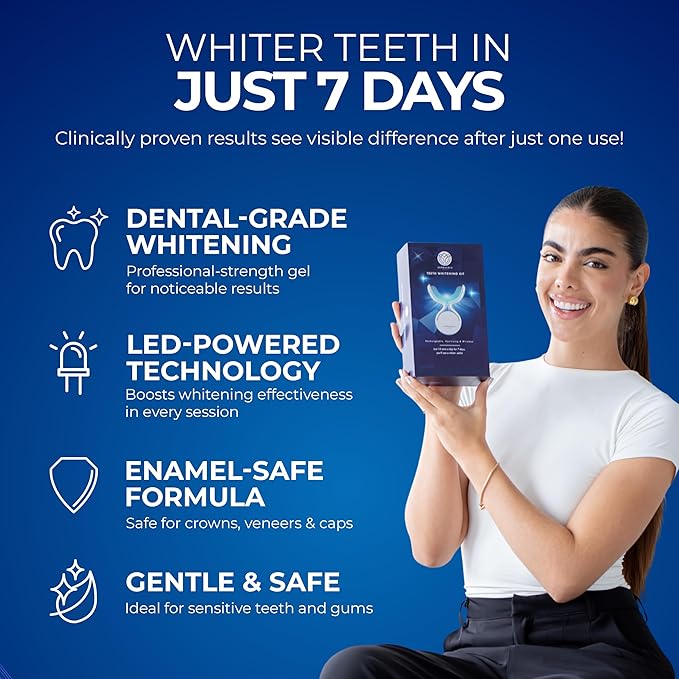 Premium Teeth Whitening Kit - LED Accelerator Light, 12% Hydrogen Peroxide Sensitivity Relief Gel Pen (Pack of 3), Red & Blue UV Whitening Spectrum, Sanitizing Travel Storage Case for Adults