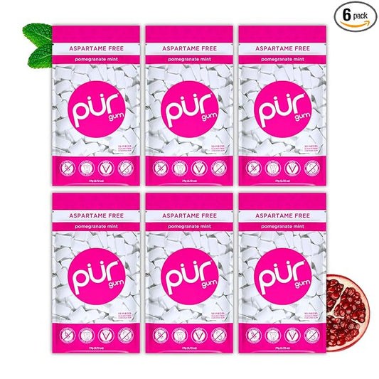 PUR Gum | Aspartame Free Chewing Gum | 100% Xylitol | Natural Pomegranate Mint Flavored Gum, 55 Pieces (Pack of 6)