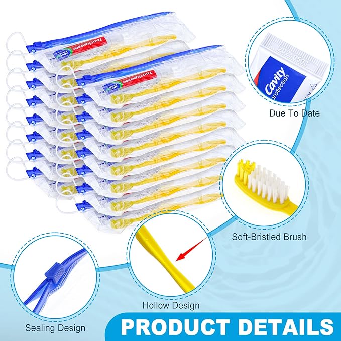 30 pcs Disposable Toothbrushes with Toothpaste and Floss Set,Yellow Individually Wrapped Bulk Single Use Toothbrush Floss Cover Travel Toothbrushes Kit with Zip Bag for Homeless,Hotel,Guest