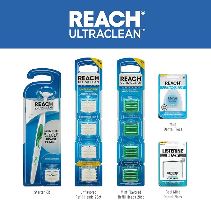 REACH® Listerine Ultraclean Access Flosser Refill Heads | Dental Flossers | Refillable Flosser | Effective Plaque Removal | Mint Flavored | 28 ct, 3 Pack, Package May Vary