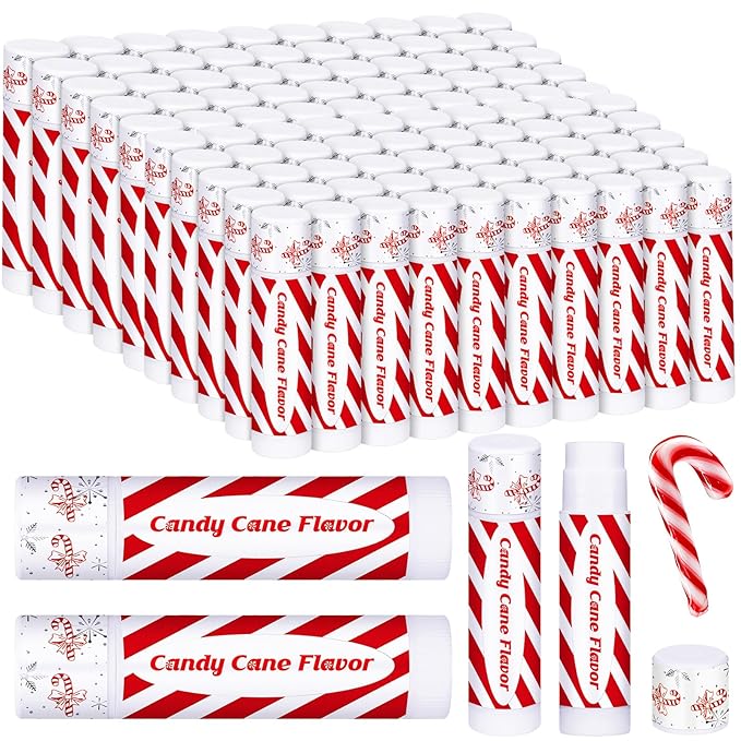 100 Pack Christmas Lip Balms Bulk Christmas Candy Peppermint Cane Scented Holiday Flavor Lip Balm Gifts Xmas Party Gifts Bulk Xmas Items Stocking Stuffers for Women Men Staff Employee (Candy)