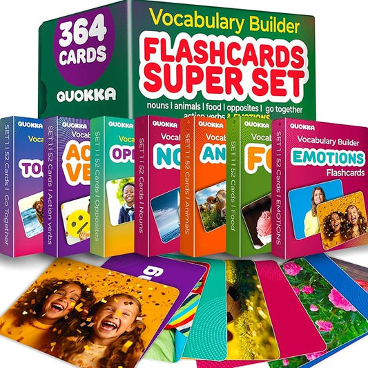 QUOKKA 364 Flash Cards for Kids Adults - Real-Life Large Preschool Flash Cards for Speech Therapy, ABA Therapy, ESL Teaching, Early Childhood Education, 7 Vocabulary Building Categories with Emotions
