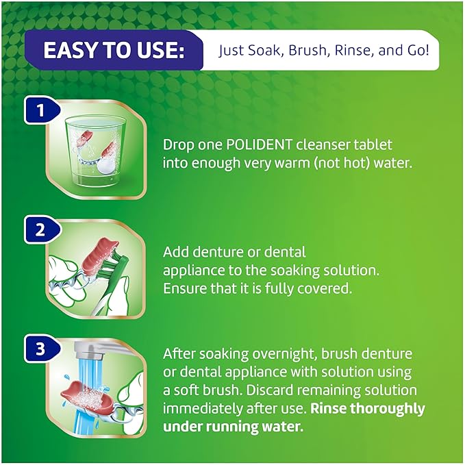 Polident Overnight Whitening Antibacterial Dental Appliance Cleanser Tablets, 90 Count (2 Pack)