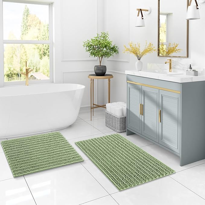 Arotive Luxury Chenille Bathroom Rug Mat, Extra Soft Thick Absorbent Shaggy Bath Rugs, Non-Slip Machine Wash Dry, Plush Bath Mats for Bathroom, Shower and Tub, 24x16, Sage Green