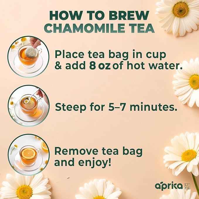 100% Pure Chamomile Tea - Only Flowers without Stems, Chamomile Tea Bags Caffeine Free, 60 count, Calming Tea Chamomile by Aprika Life