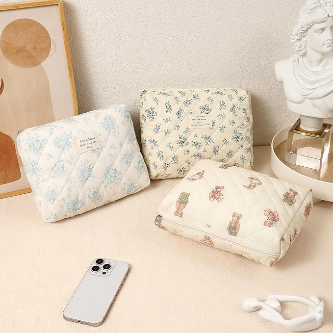 Quilted Cotton Makeup Bag 2Pcs Coquette Cosmetic Bag,Large Soft Floral Travel Toiletry Bag for Women and Girls(02 Blue flower)