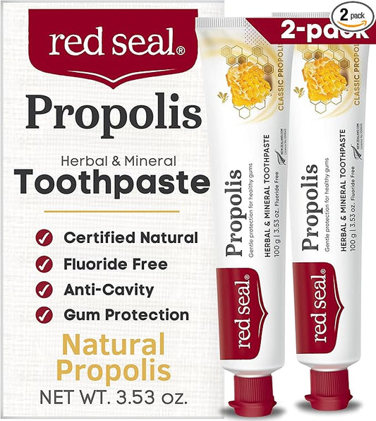 Red Seal Propolis Herbal & Mineral Natural Toothpaste - Fluoride Free, Organic, NATRUE Certified Natural- Supports Natural Gum Health and Oral Hygiene, Prevents Plaque, Vegan, Cruelty-Free (2)