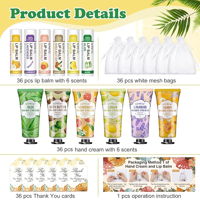 36 Pack Hand Cream Bulk and Lip Balm Bulk Sets, Stocking Stuffers for Women, Thank You Gifts and Christmas Gifts for Guests with Thank You Card Organza Bags, Birthday Gifts, Bulk Gifts, Small Gifts