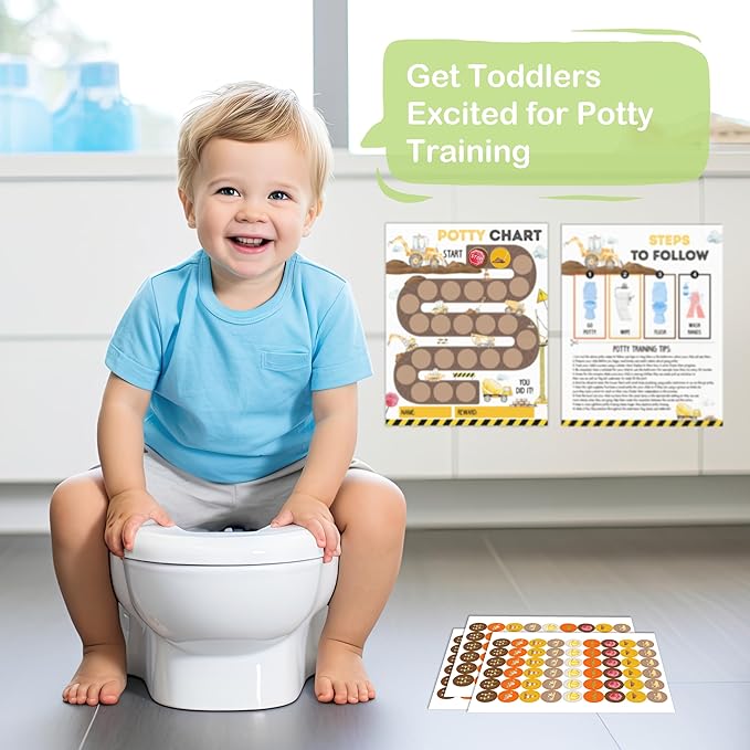 Potty Training Chart, 10 Potty Training Reward Chart for Toilet Success, 8"x10" Construction Routine Calendar with Stickers for Toddler Boys - A02
