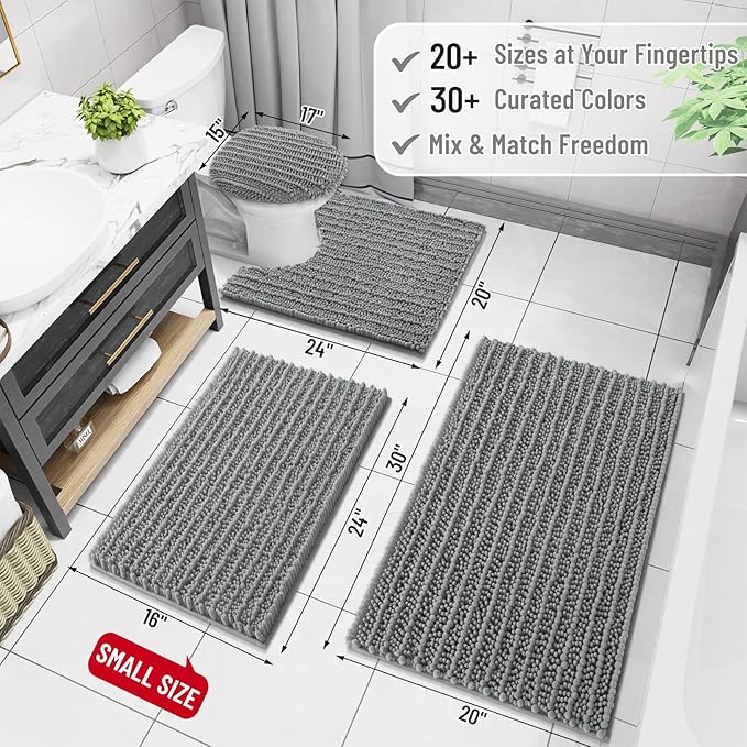Arotive Luxury Chenille Bathroom Rug Mat, Extra Soft Thick Absorbent Shaggy Bath Rugs, Non-Slip Machine Wash Dry, Plush Bath Mats for Bathroom, Shower and Tub, 59x35, Grey