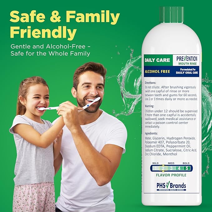 Prevention Daily Care Alcohol-Free Mouthwash, Hydrogen Peroxide Teeth Whitening with Soothing Fresh Mint for Bad Breath Treatment, Fluoride-Free Gum Care Oral Mouth Rinse 16 oz 4 Pack