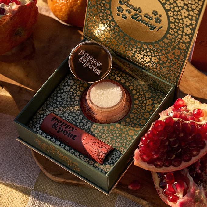 Poppy & Pout Lip Care Set | Lip Balm & Scrub | Sustainable Cardboard Tubes & Glass Jars, All Natural, Beeswax, Coconut Oil, Cruelty Free, Exfoliating & Moisturizing Lip Treatment (Pomegranate Peach)