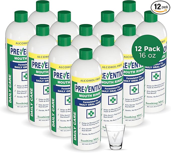 Prevention Daily Care Alcohol-Free Mouthwash, Hydrogen Peroxide Teeth Whitening with Soothing Fresh Mint for Bad Breath Treatment, Fluoride-Free Gum Care Oral Mouth Rince 16 oz 12 Pack