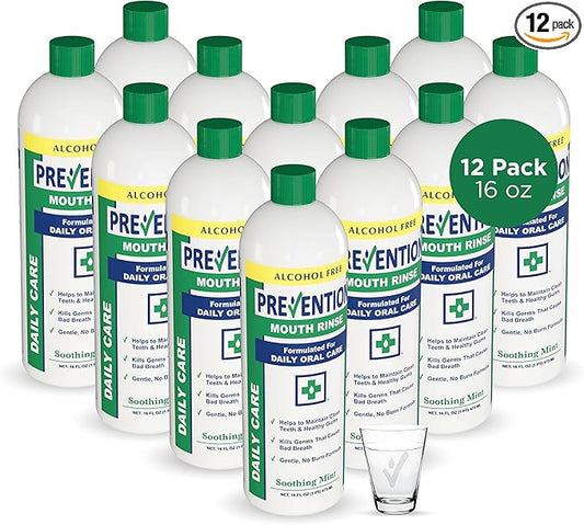 Prevention Daily Care Alcohol-Free Mouthwash, Hydrogen Peroxide Teeth Whitening with Soothing Fresh Mint for Bad Breath Treatment, Fluoride-Free Gum Care Oral Mouth Rince 16 oz 12 Pack