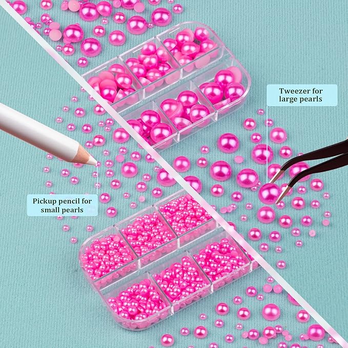 3 Boxes Flat Back Pearls Kit 12 Flatback Peach Half Round Pearls 3-10mm with Pickup Pencil and Tweezer for Home DIY and Professional Nail Art, Face Makeup and Craft