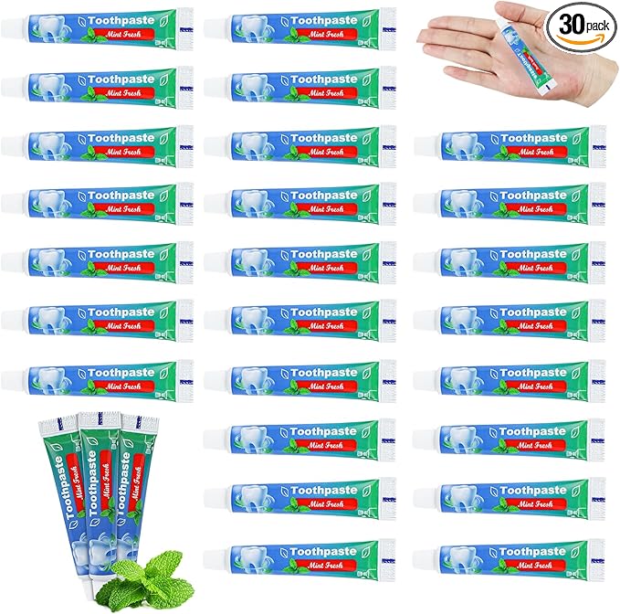 0.35 oz Bulk Travel Size Toothpaste,30 Tubes 10 Grams Extra Small Toothpastes Travel Size Bulk 0.8x3.5 inches Mint Flavor Mini Disposable Toothpaste for Hotel,Guests,Homeless,Office