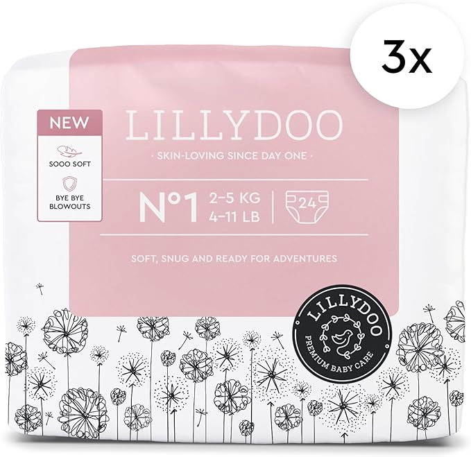 LILLYDOO Baby Diapers - Size 1 (4-11 lbs), Half-Monthly Supply (72 Count), Leak Protection, Skin-Friendly, Ultrasoft, Perfume- & Chlorine-Free, Hypoallergenic, dermatologically Tested, Oeko-TEX®