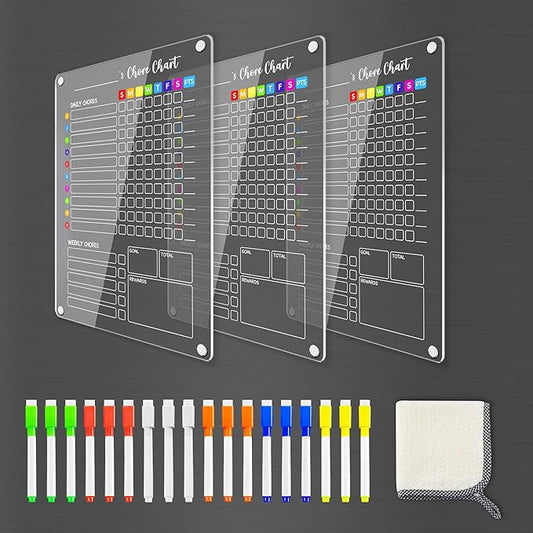 PigPotParty Acrylic Magnetic Chore Chart for Kids, 12"x16" Reward Responsibility Chart, Chores Checklist, 3 Weekly Dry Erase Fridge Board for Teens Adult Family Multiple Kids, w/ 18 Markers & Towel
