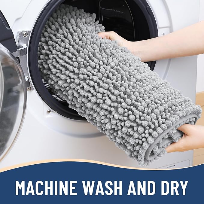 Arotive Luxury Chenille Bathroom Rug Mat, Extra Soft Thick Absorbent Shaggy Bath Rugs, Non-Slip Machine Wash Dry, Plush Bath Mats for Bathroom, Shower and Tub, 24x16, Light Grey