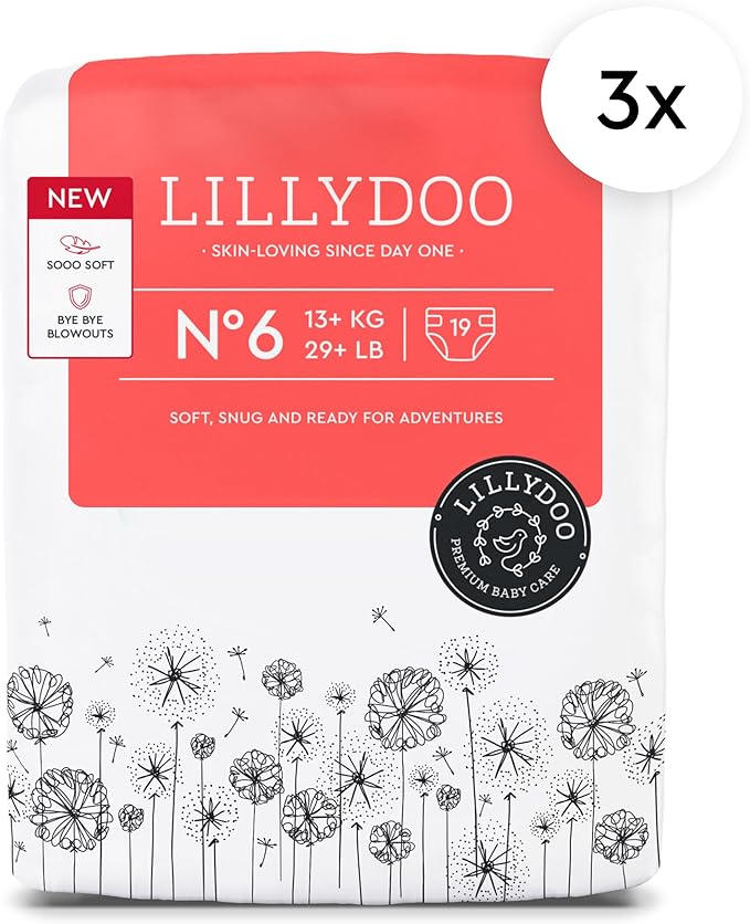 LILLYDOO Baby Diapers - Size 6 (29+ lbs), Half-Monthly Supply (57 Count), Leak Protection, Skin-Friendly, Ultrasoft, Perfume- & Chlorine-Free, Hypoallergenic, dermatologically Tested, Oeko-TEX®