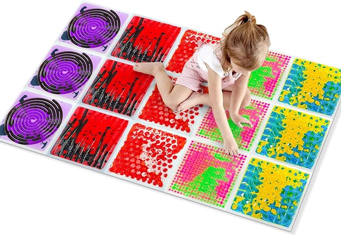 Textured Sensory Liquid Tile - Set of 6 Square Lava Tiles, Sensory Mat for Ages 3 to Adult, 12" x 12", Red
