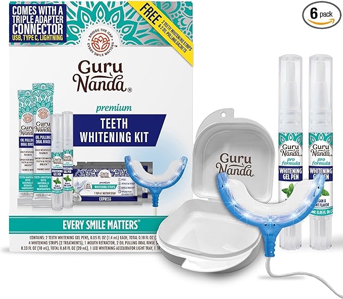 GuruNanda Premium Teeth Whitening Kit with Wired LED Light & Whitening Pen, Works with iPhone & Android, Helps Remove Surface Stains from Coffee, Food, Soda