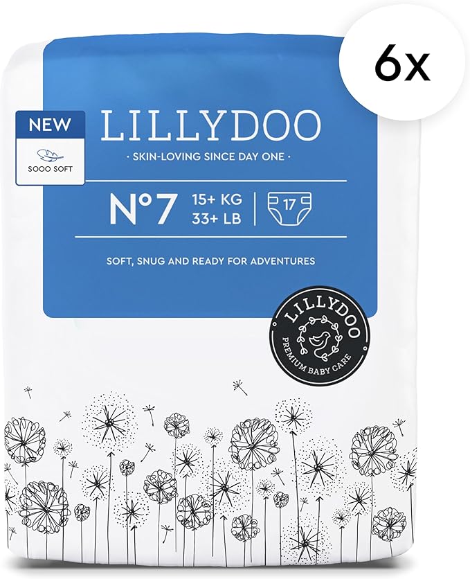 LILLYDOO Baby Diapers - Size 7 (33+ lbs), Monthly Supply (102 Count), Leak Protection, Skin-Friendly, Ultrasoft, Perfume- & Chlorine-Free, Hypoallergenic, dermatologically Tested, Oeko-TEX®