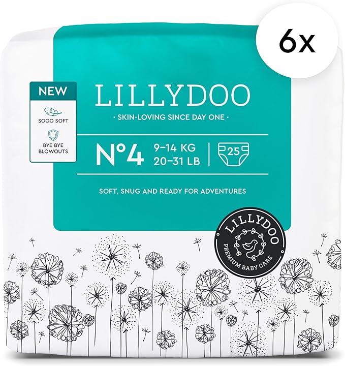 LILLYDOO Baby Diapers - Size 4 (20-31 lbs), Monthly Supply (150 Count), Leak Protection, Skin-Friendly, Ultrasoft, Perfume- & Chlorine-Free, Hypoallergenic, dermatologically Tested, Oeko-TEX®