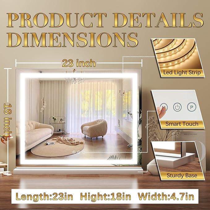23x18 Inch Lighted Vanity Mirror, 3-Color Dimmable LED & Touch Control - Large Makeup Mirror for Dressing Room (Wall/Tabletop Mount)