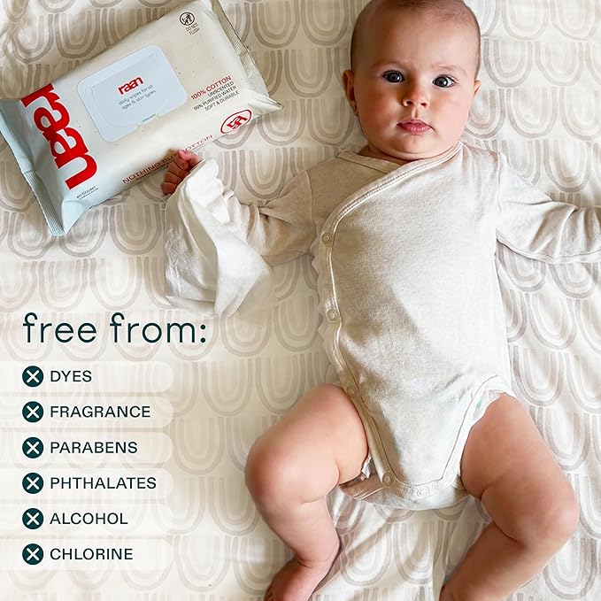 Raan, 100% Cotton Baby & Toddler Wipes, Unbleached, 99% Purified Water, Unscented, EWG verified, Made for Sensitive Skin, Extra Soft and Durable, 12 pack, 720 Count