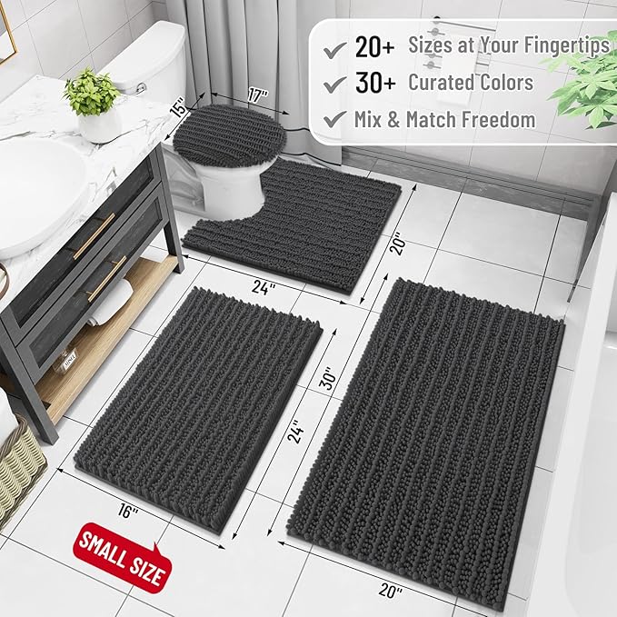 Arotive Luxury Chenille Bathroom Rug Mat, Extra Soft Thick Absorbent Shaggy Bath Rugs, Non-Slip Machine Wash Dry, Plush Bath Mats for Bathroom, Shower and Tub, 59x35, Dark Grey