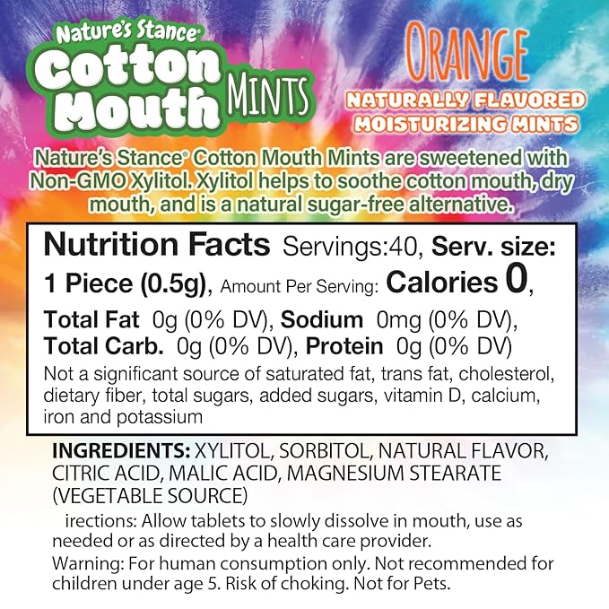 Nature’s Stance Cotton Mouth Xylitol Mints, Dry Mouth Lozenges Sugar Free, Mouth-Watering Mints - Stimulates Saliva & Freshens Breath, 40 Count (Orange)