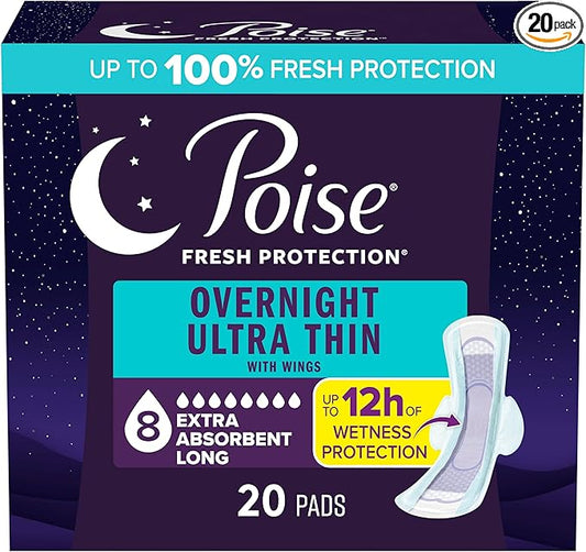 Poise Overnight Ultra Thin Incontinence & Postpartum Pads with Wings for Bladder Leaks, 8 Drop Extra Absorbent, Long Length, 20 Count