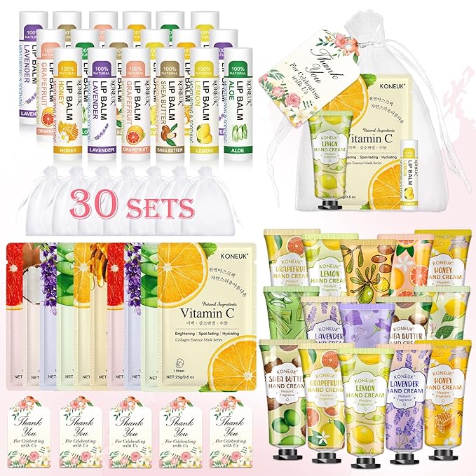 30 Pack Bulk Facial Mask, Bulk Hand Cream and Bulk Lip Balm Sets, Stocking Stuffers for Women, Thank You Gifts, Bridal Shower Favors and Christmas Gifts for Guests, Birthday Gifts, Small Gifts for Her