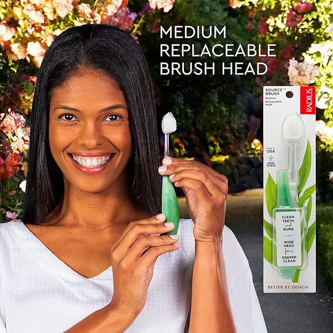 RADIUS Toothbrush Source Floss Brush BPA Free & ADA Accepted Improve Gum Health & Reduce Gum Issues - Medium - Cornstarch/Wood/Money - Pack of 3