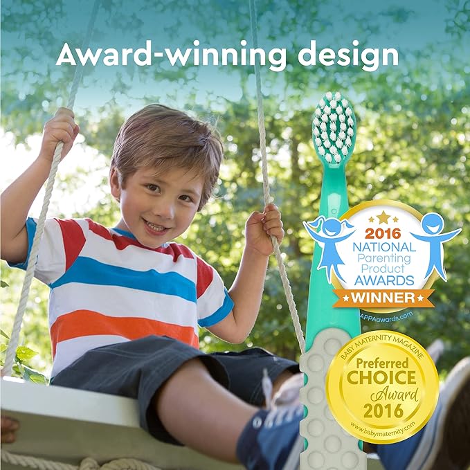 RADIUS Children's Toothbrush, Totz Plus Brush, Extra Soft Bristles, White/Green/Lightblue, BPA Free & ADA Accepted, for Delicate Teeth & Gums for Children 3 Years & Up, Pack of 3