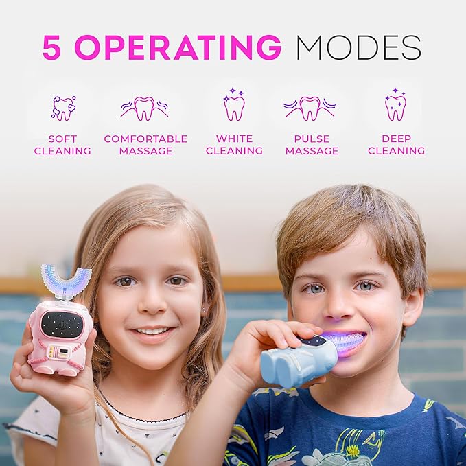 Bendi Sensory 360 Round U-Shaped Astronaut Design Mouthguard Electric Toothbrush for Kids Ages 2-7 - Automatic Memory Function - 5 Modes Toothbrush with Multiple Heads – Kids Travel Essentials (Pink)