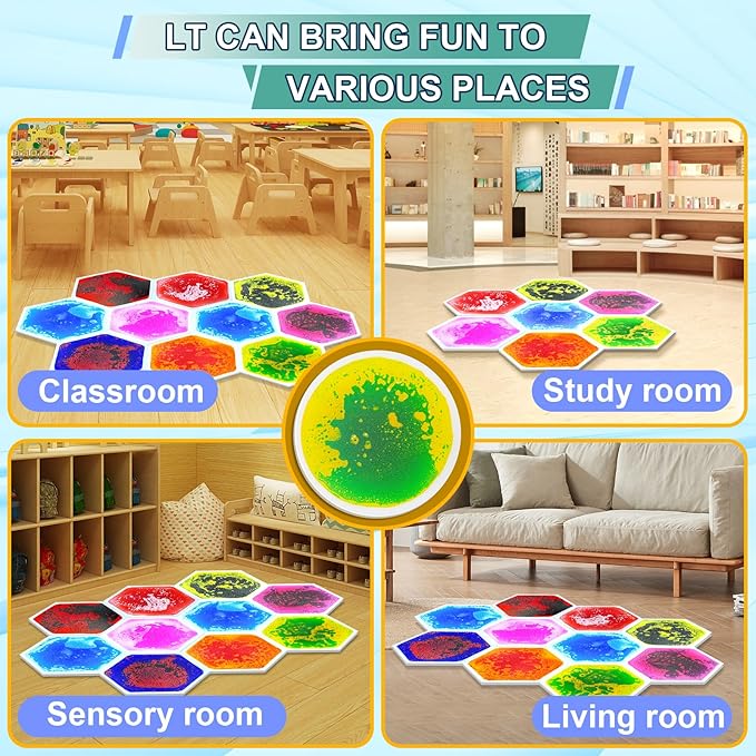 Liquid Sensory Floor Tiles - 9 PCS Hexagon Sensory Floor Pads for Kids Aged Over Three Years Old