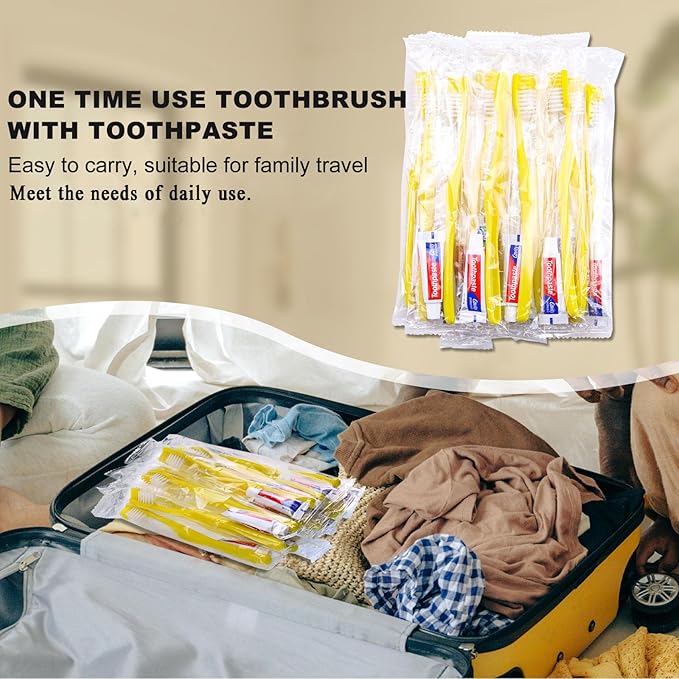 Disposable Toothbrushes with Toothpaste,300 Pack Yellow Hollow Individually Wrapped Disposable Travel Toothbrushes Kit in Bulk for Homeless,Nursing Home,Hotel,Charity
