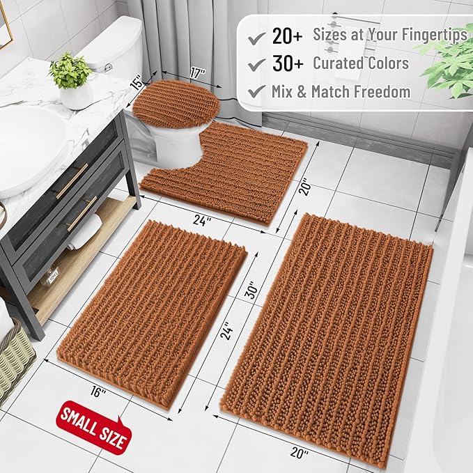 Arotive Luxury Chenille Bathroom Rug Mat, Extra Soft Thick Absorbent Shaggy Bath Rugs, Non-Slip Machine Wash Dry, Plush Bath Mats for Bathroom, Shower and Tub, 30x17, Clay