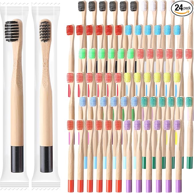 24 Pcs Kids Bamboo Toothbrushes Soft Bristle Toddler Toothbrush BPA Free Wooden Travel Toothbrushes for Kids Children Home Travel School, 5.7 Inches, Individually Wrapped