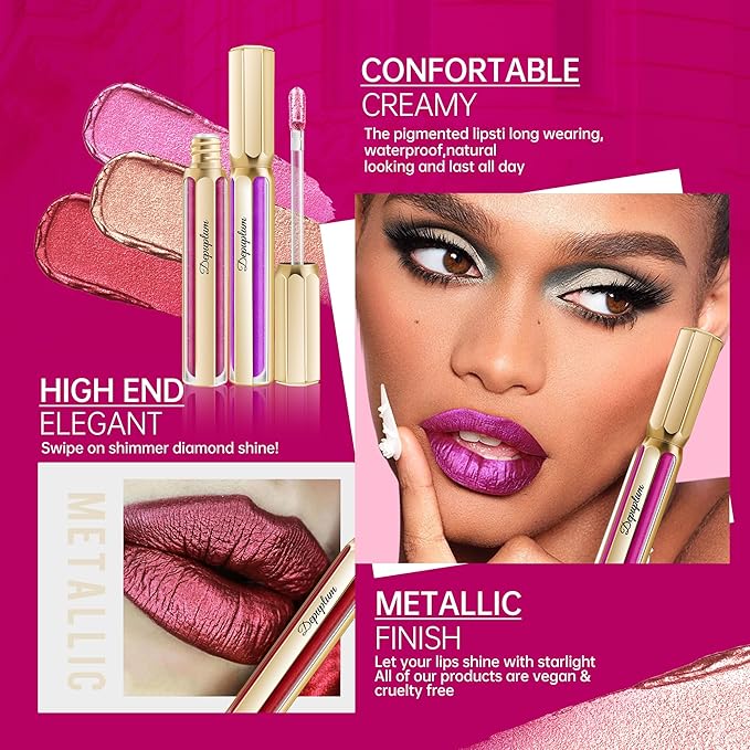 Pink Lipsticks for Women Metallic Lipstick Long Lasting Non Stick Cup Lip Gloss, Shimmer Lightweight Hydrating Full Coverage Lip Color, DP108 Mermaid