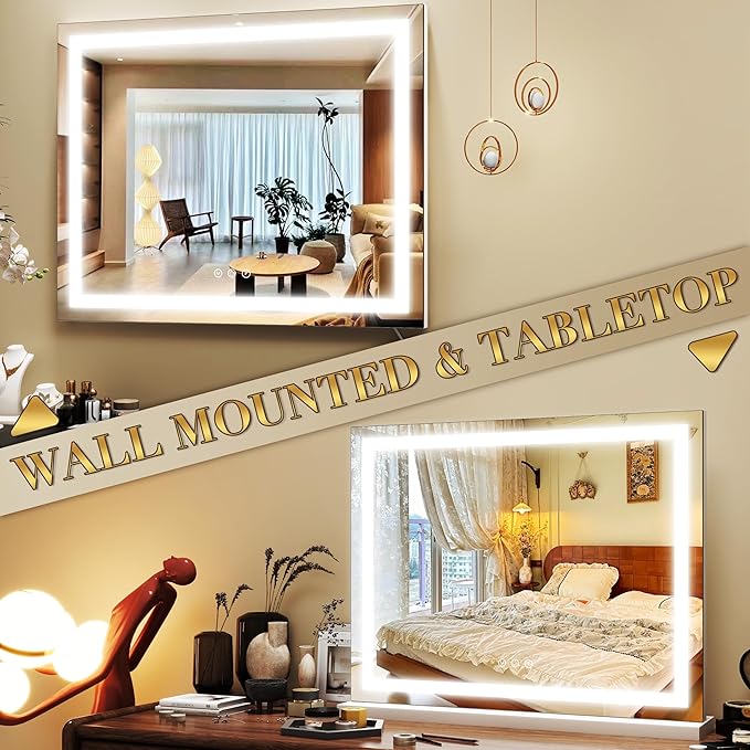 23x18 Inch Lighted Vanity Mirror, 3-Color Dimmable LED & Touch Control - Large Makeup Mirror for Dressing Room (Wall/Tabletop Mount)