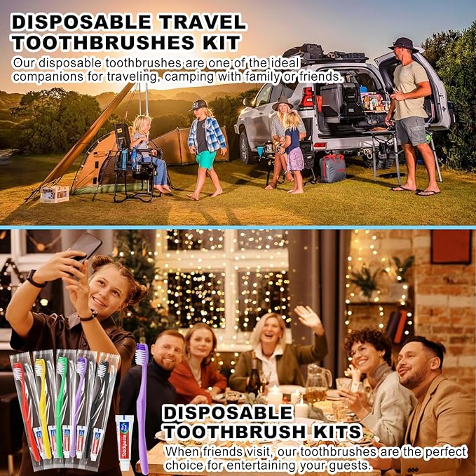 50pcs Disposable Toothbrushes with Toothpaste,Single Use Toothbrush with Toothpaste Individually Wrapped Disposable Travel Toothbrushes Kit Bulk for Homeless,Hotel,Guests(5 Colors)
