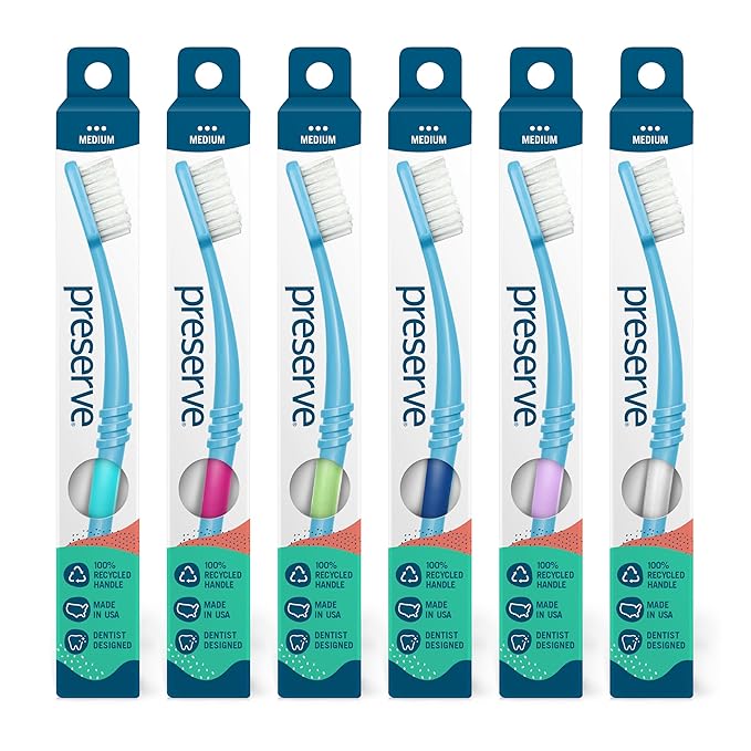 Preserve Eco Friendly Adult Toothbrushes, Made in The USA from Recycled Plastic, Ultra Soft Bristles, Paperboard Package, Colors Vary, 6 Count (Medium)