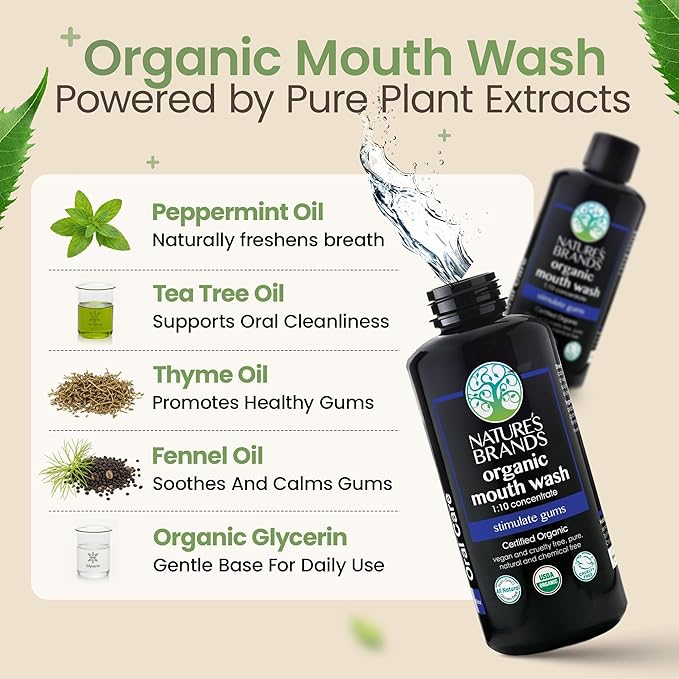Nature's Brands - Herbal Choice Mari Organic Mouth Wash, 8 Oz, Peppermint Flavor - Tea Tree, Thyme & Fennel Oils for Fresh Breath & Healthy Gums - 1:10 Concentrated Mouthwash in BPA-Free Bottle