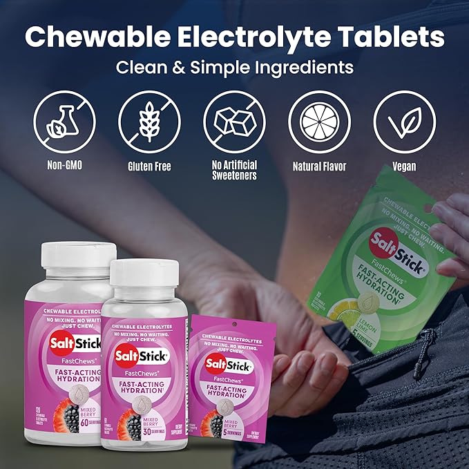 SaltStick Electrolyte FastChews - 120 Count Mixed Berry Flavor - Electrolyte Tablets for Hydration, Salt Tabs - 10 Count (Pack of 12)