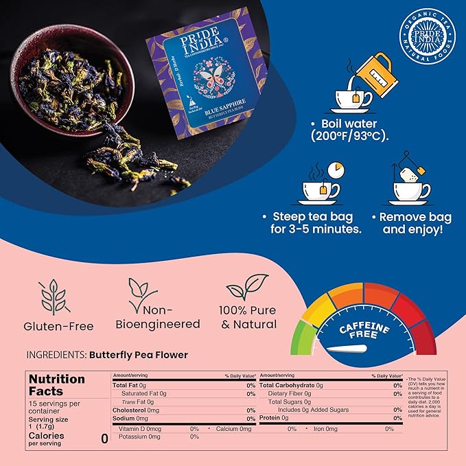 Pride of India | Blue Sapphire: Butterfly Pea Flower Tea 1 oz (28.3 gm) | 100% Pure Butterfly Pea Flower | Mild, Earthy Flavor & Subtle Floral Flavor | Premium Pyramid Nylon Tea Bags